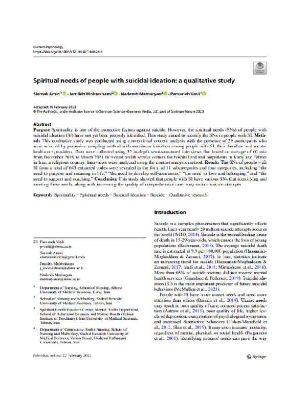 (PDF) Spiritual needs of people with suicidal ideation: a qualitative study