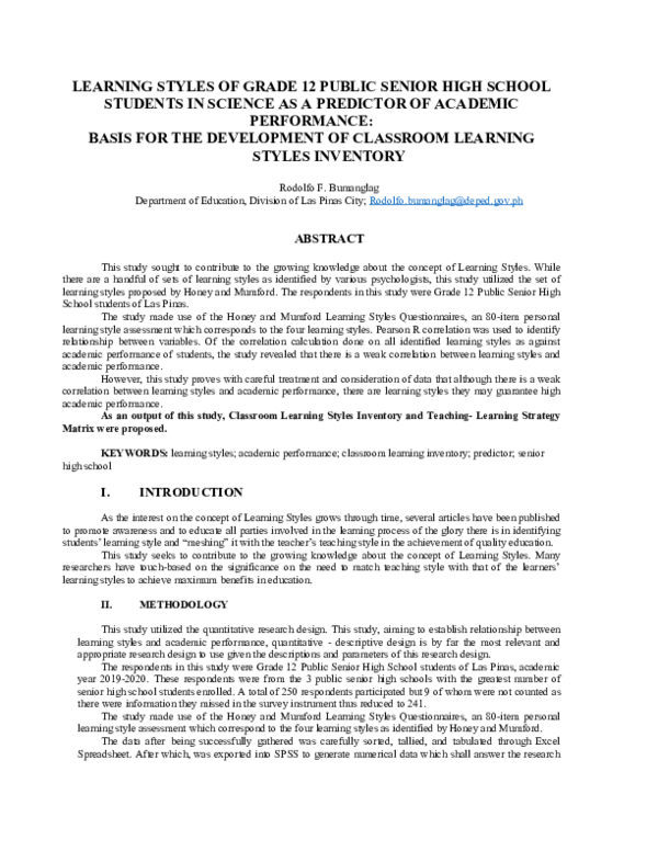 (DOC) LEARNING STYLES OF GRADE 12 PUBLIC SENIOR HIGH SCHOOL STUDENTS IN ...