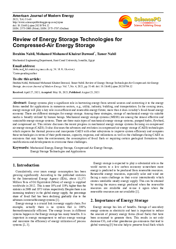 (PDF) Review of Energy Storage Technologies for CompressedAir Energy