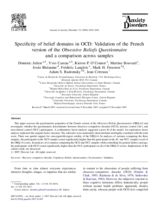 (PDF) Specificity of belief domains in OCD: Validation of the French ...