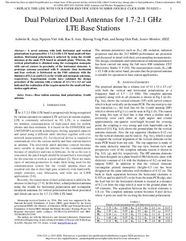 (PDF) Dual Polarized Dual Antennas for 1.7-2.1 GHz LTE Base Station
