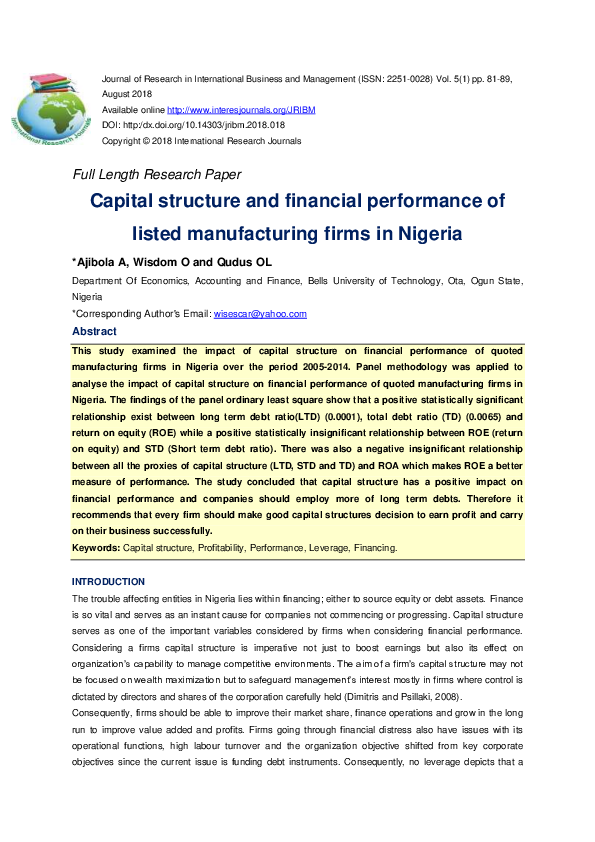 (PDF) Capital structure and financial performance of listed