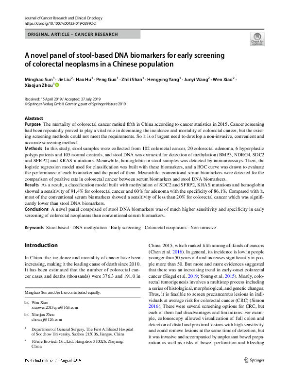 (PDF) A novel panel of stool-based DNA biomarkers for early screening ...