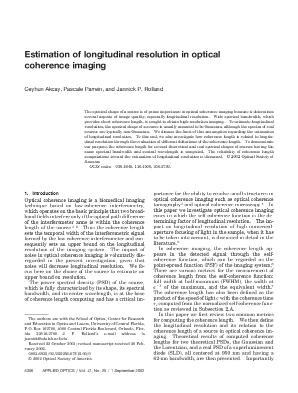 (PDF) Estimation of longitudinal resolution in optical coherence imaging
