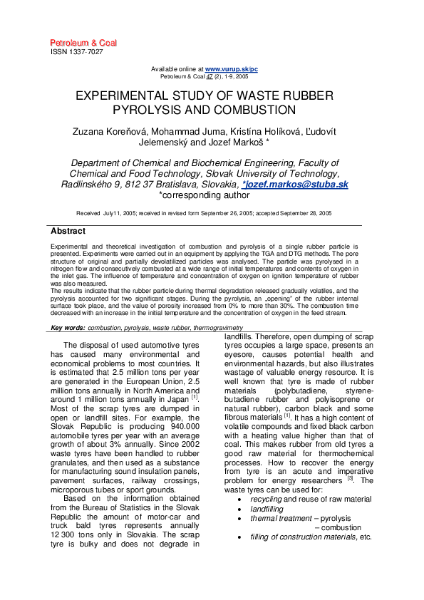(PDF) Experimental Study of Waste Rubber Combustion Behavior