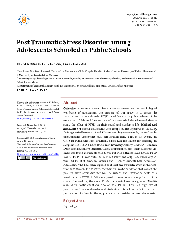 (PDF) Post Traumatic Stress Disorder among Adolescents Schooled in ...