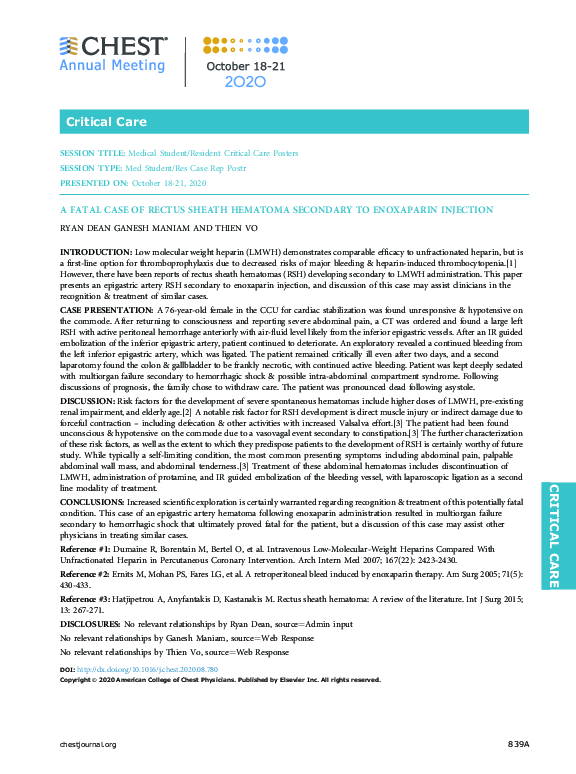 (PDF) A Fatal Case of Rectus Sheath Hematoma Secondary to Enoxaparin ...
