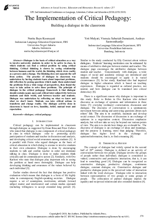 (PDF) The Implementation of Critical Pedagogy: Building a dialogue in ...