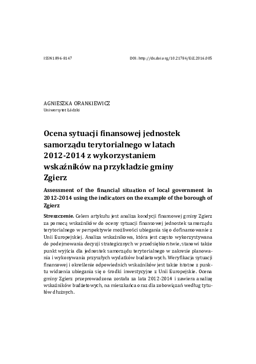 (PDF) Ocena sytuacji finansowej jednostek samorządu terytorialnego w