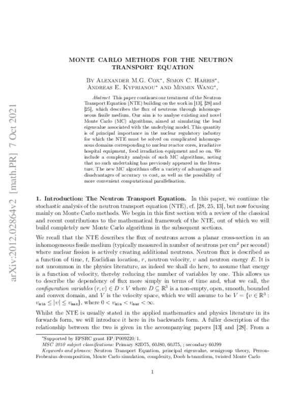(PDF) Monte Carlo Methods for the Neutron Transport Equation