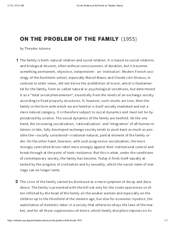 (PDF) On the Problem of the Family by Theodor Adorno (1955)