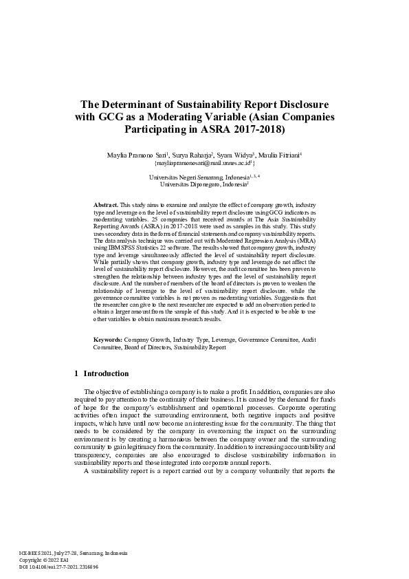 (PDF) The Determinant of Sustainability Report Disclosure with GCG as a ...