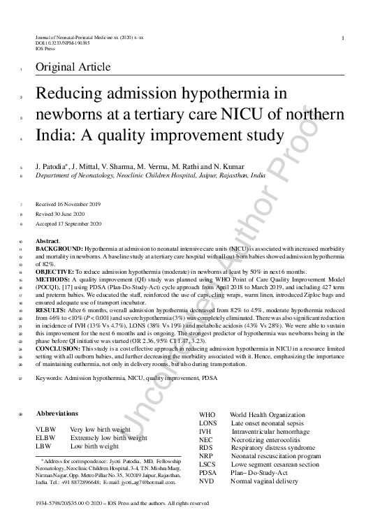 (PDF) Reducing admission hypothermia in newborns at a tertiary care ...