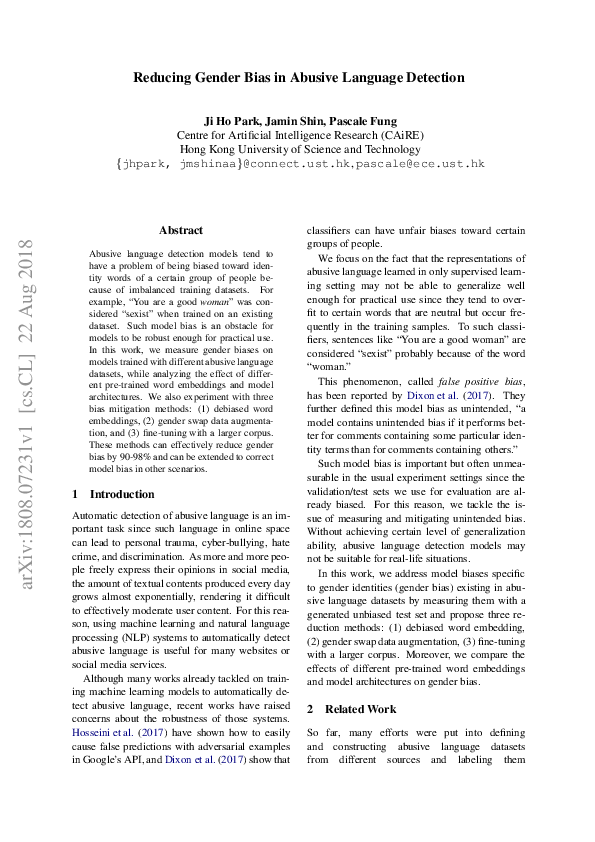 (PDF) Reducing Gender Bias in Abusive Language Detection