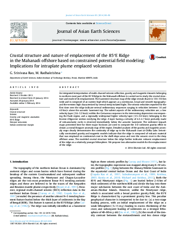 (PDF) Crustal structure and nature of emplacement of the 85°E Ridge in ...