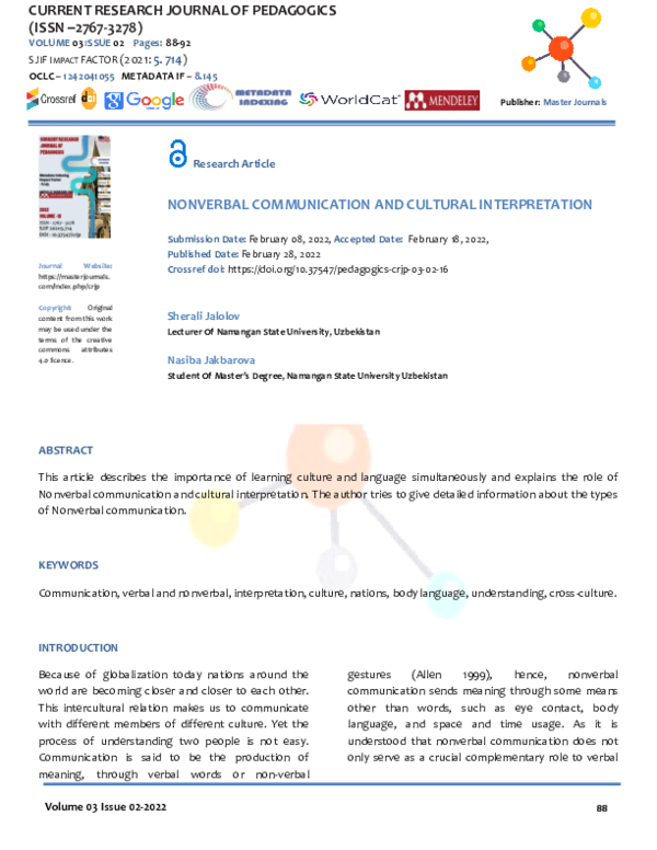 (PDF) Nonverbal Communication and Cultural Interpretation
