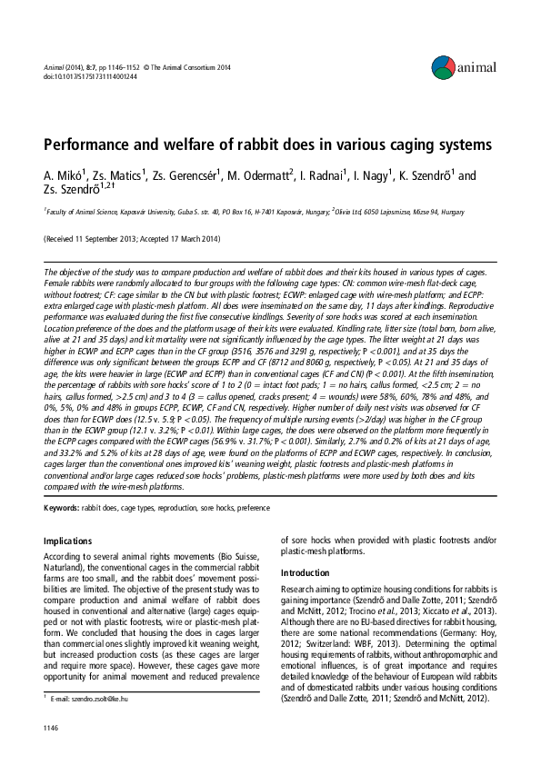 (PDF) Performance and welfare of rabbit does in various caging systems