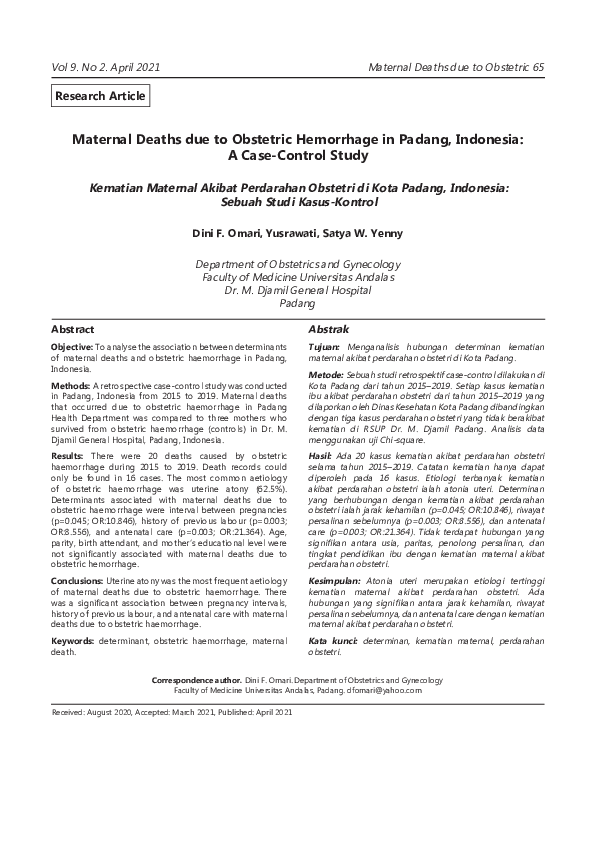 (PDF) Maternal Deaths due to Obstetric Hemorrhage in Padang, Indonesia ...