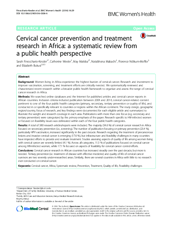 (PDF) Cervical cancer prevention and treatment research in Africa: a ...