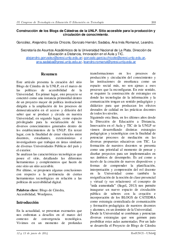 (PDF) Construcción de los Blogs de Cátedras de la UNLP