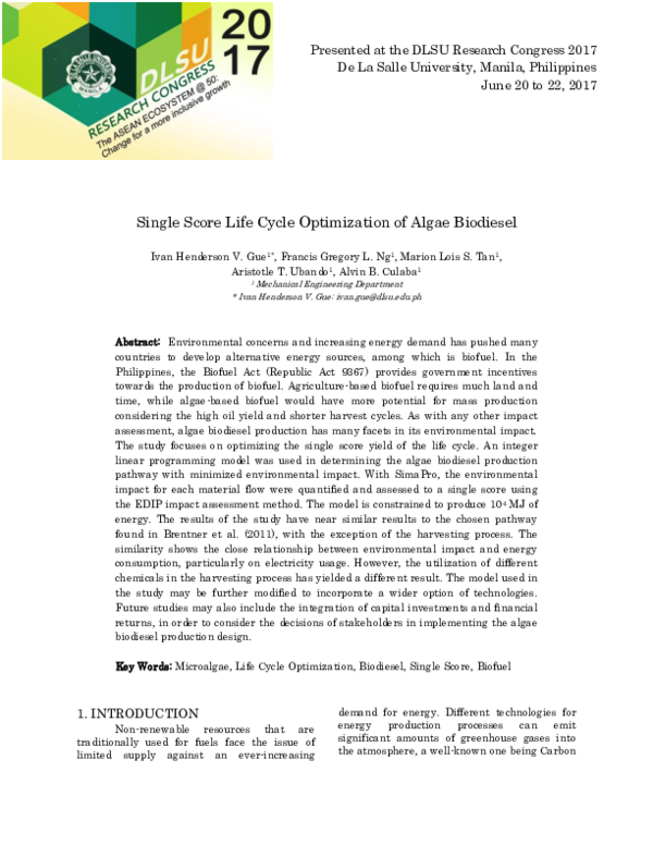(PDF) Single Score Life Cycle Optimization of Algae Biodiesel