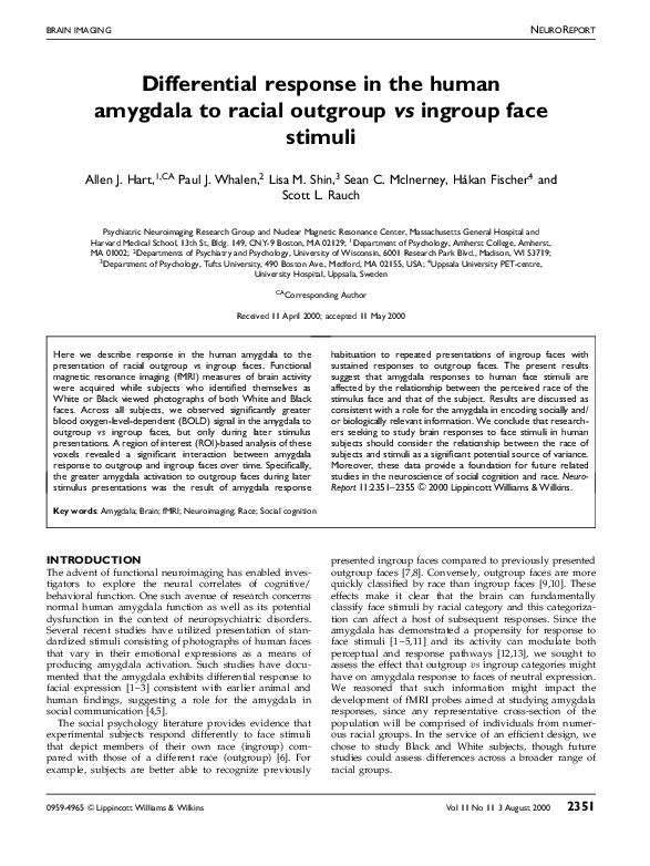 (PDF) Differential response in the human amygdala to racial outgroup vs ...