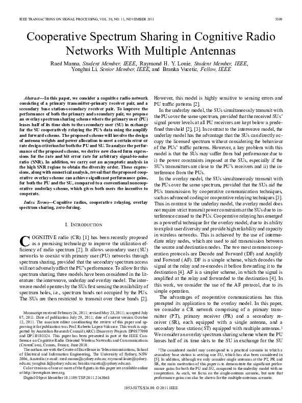 (PDF) Cooperative Spectrum Sharing in Cognitive Radio Networks With ...
