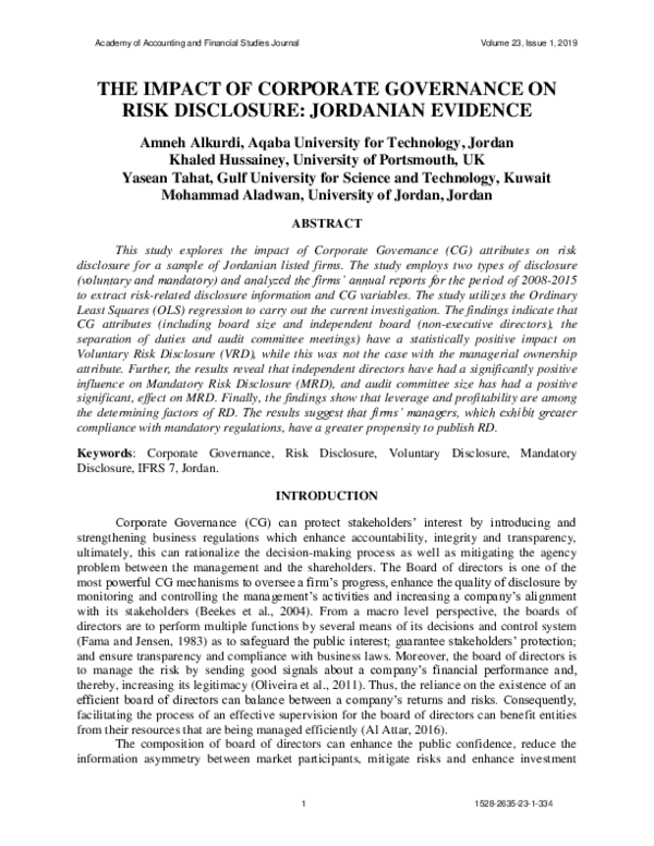 (PDF) The Impact of Corporate Governance on Risk Disclosure: Jordanian ...