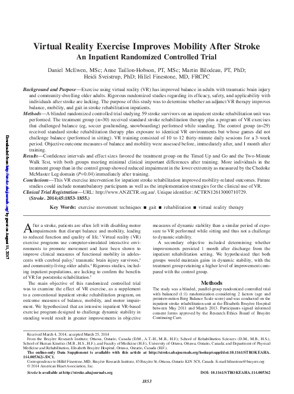 (PDF) Virtual Reality Exercise Improves Mobility After Stroke