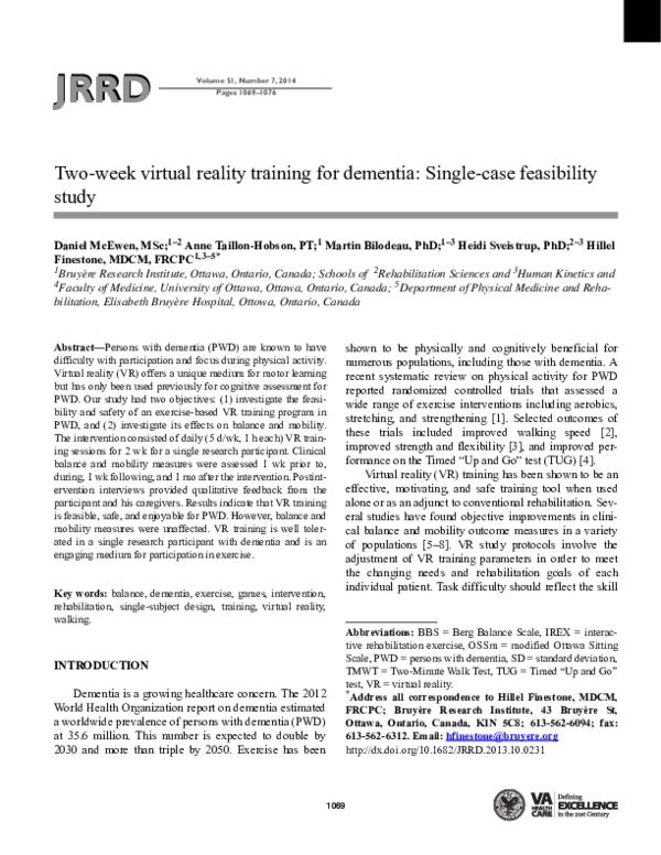 (PDF) Two-week virtual reality training for dementia: Single case ...