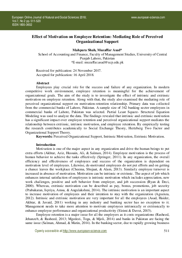 (PDF) Effect of Motivation on Employee Retention: Mediating Role of ...