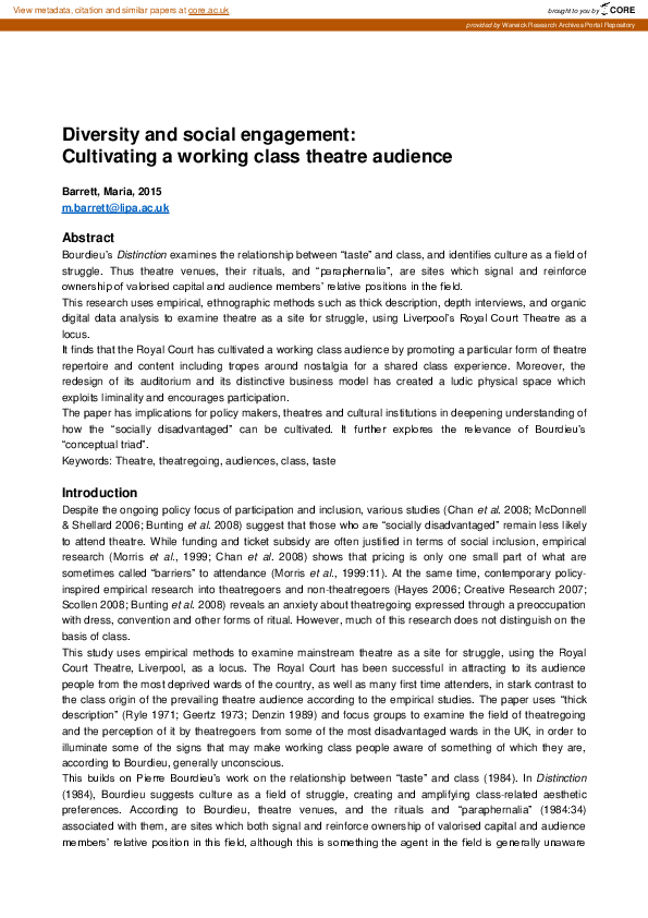 (PDF) Diversity and social engagement : cultivating a working class ...