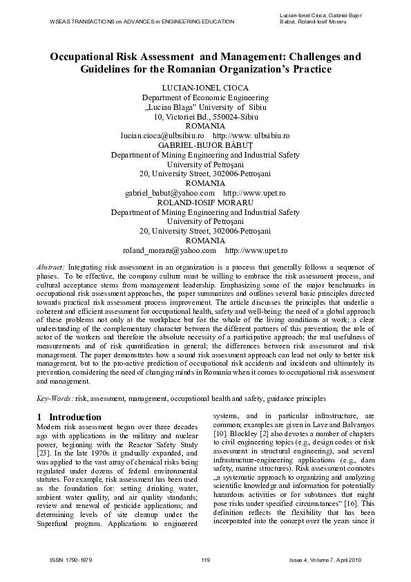 (PDF) Occupational Risk Assessment and Management Challenges and Guidelines for the Romanian