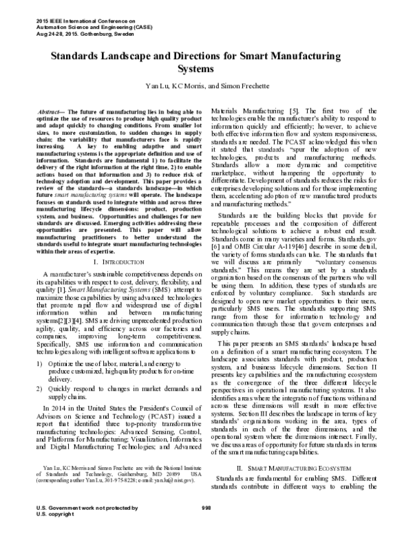 (PDF) Standards landscape and directions for smart manufacturing systems