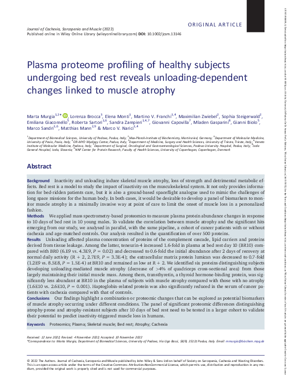 (PDF) Plasma proteome profiling of healthy subjects undergoing bed rest ...