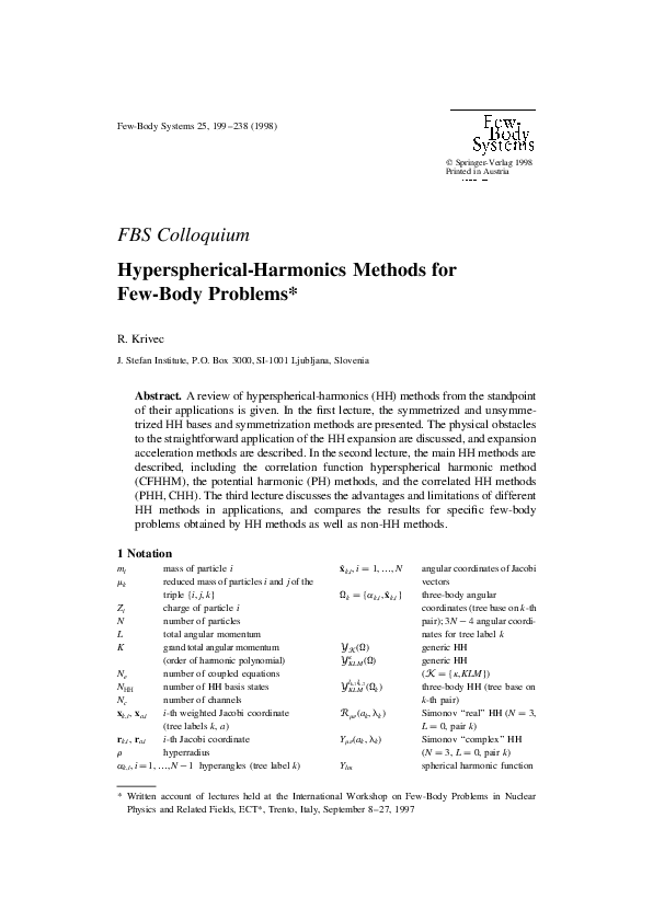 (PDF) FBS Colloquium Hyperspherical-Harmonics Methods for Few-Body Problems