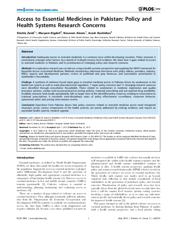 (PDF) Access to Essential Medicines in Pakistan: Policy and Health ...