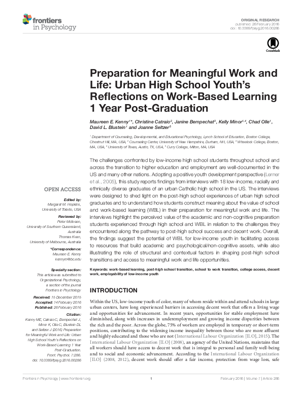 (PDF) Preparation for Meaningful Work and Life: Urban High School Youth ...