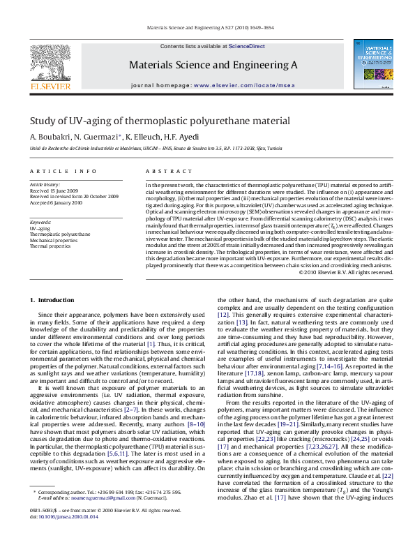 (PDF) Study of UV-aging of thermoplastic polyurethane material