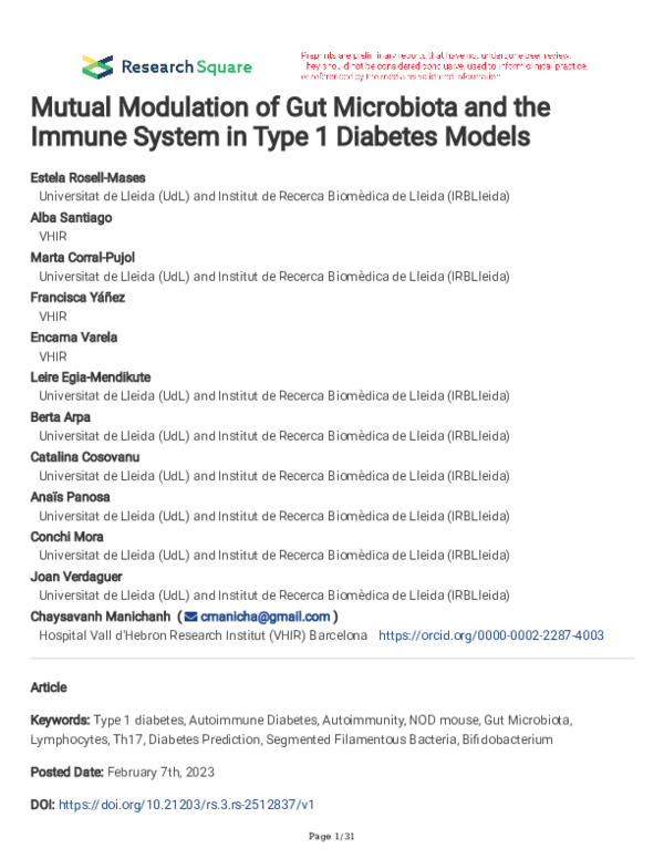 (PDF) Mutual Modulation of Gut Microbiota and the Immune System in Type ...