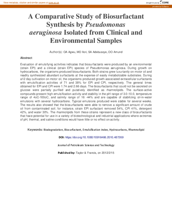 (PDF) A Comparative Study of Biosurfactant Synthesis by Pseudomonas ...