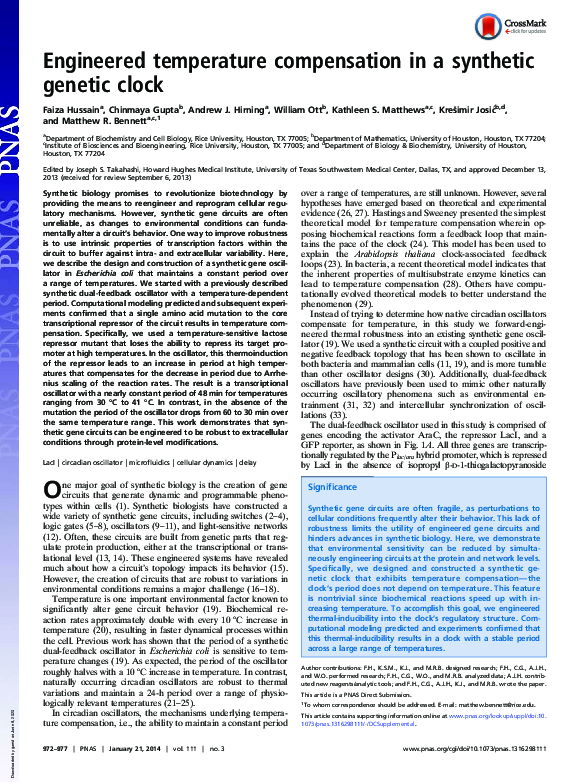 (PDF) Engineered temperature compensation in a synthetic genetic clock