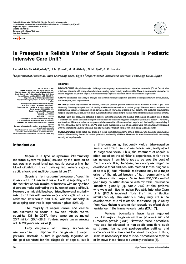 (PDF) Is Presepsin a Reliable Marker of Sepsis Diagnosis in Pediatric ...