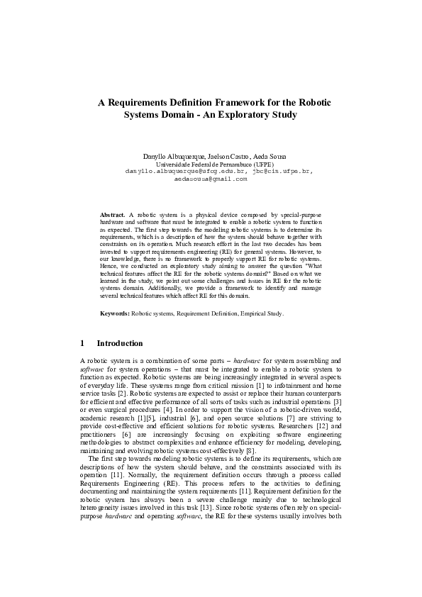 (PDF) A Requirements Definition Framework for the Robotic Systems ...