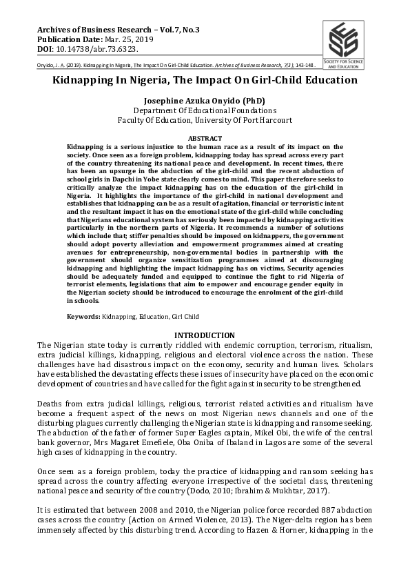 (PDF) Kidnapping In Nigeria, The Impact On Girl-Child Education
