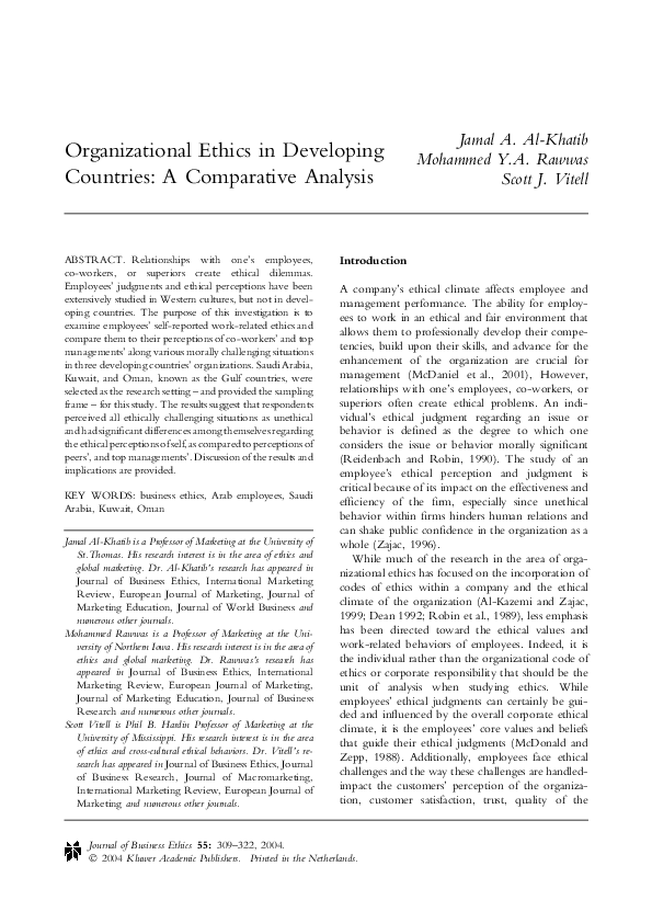 (PDF) Organizational Ethics in Developing Countries: A Comparative Analysis