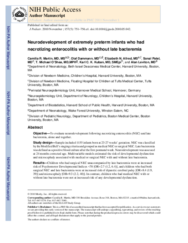 (PDF) Neurodevelopment of Extremely Preterm Infants who had Necrotizing ...