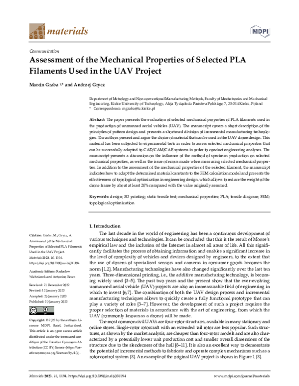 (PDF) Assessment of the Mechanical Properties of Selected PLA Filaments Used in the UAV Project