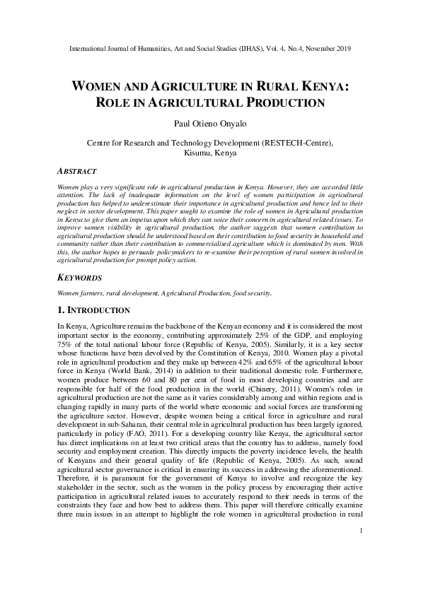 (PDF) Women and Agriculture in Rural Kenya: Role in Agricultural Production