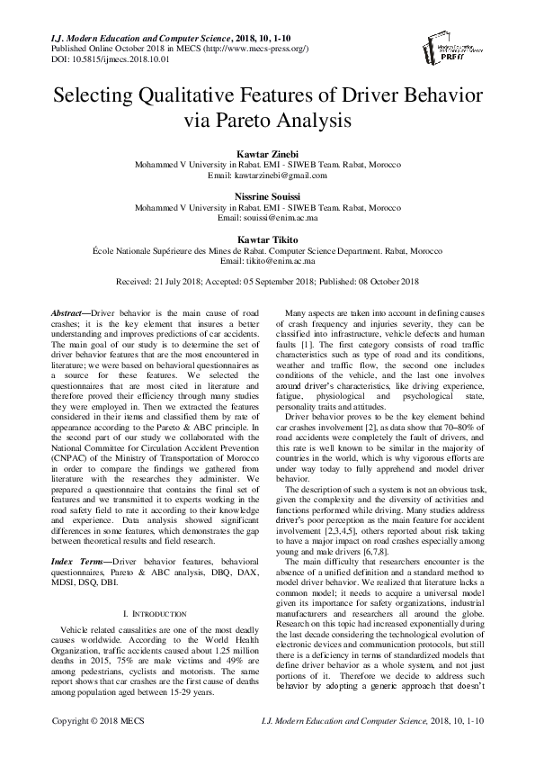 (PDF) Selecting Qualitative Features of Driver Behavior via Pareto Analysis